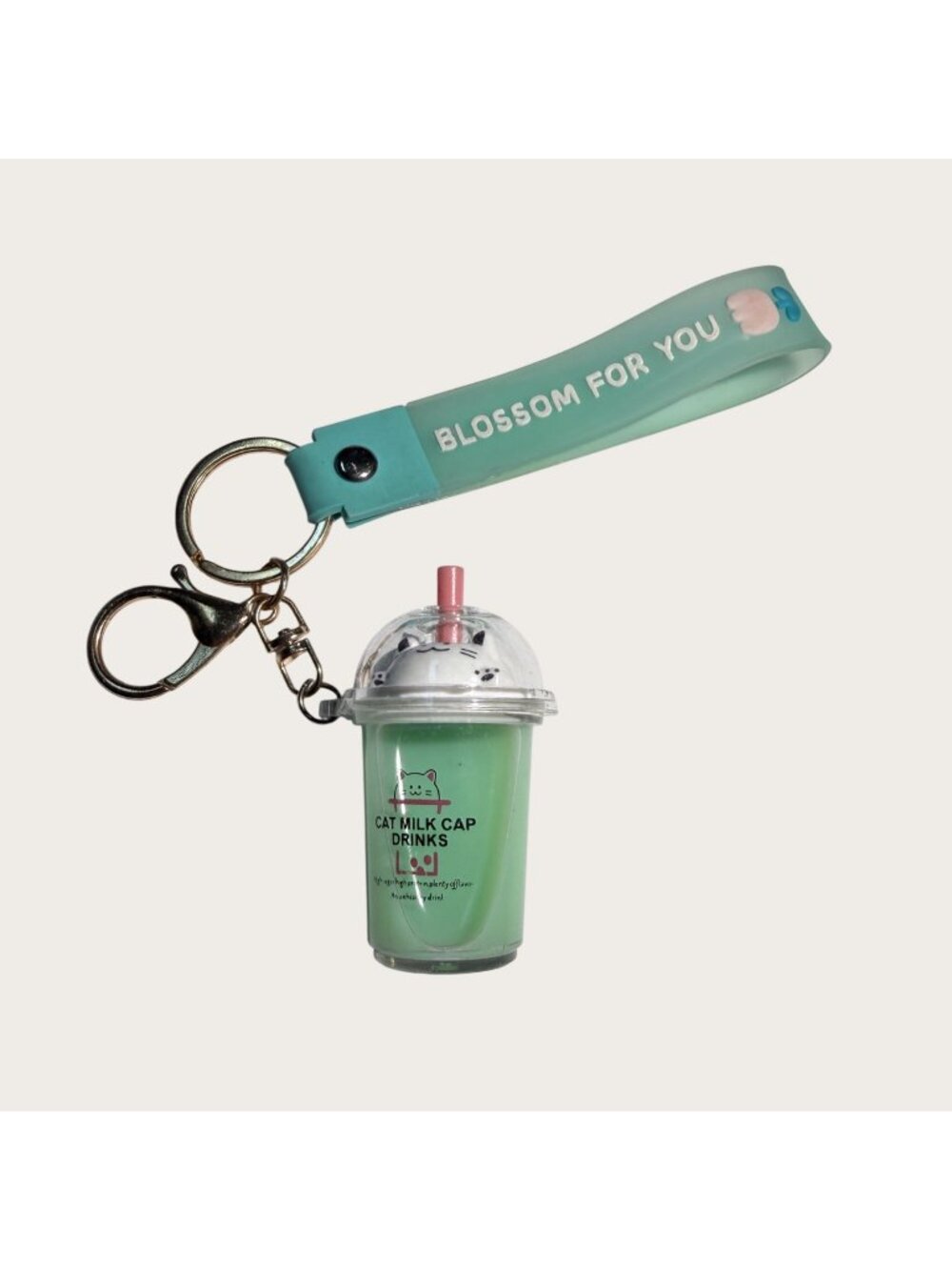 Cat Boba Milk Cap Drink Keychain With "Blossom For You" Strap - Green